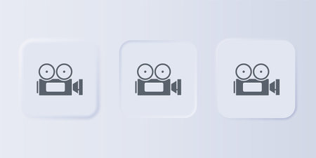 Gray Cinema camera icon isolated on gray background. Video camera. Movie sign. Film projector. Set icons in square buttons. Vector.のイラスト素材