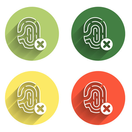 Set Rejection fingerprint icon isolated with long shadow background. Access denied for user concept. Error, fraud. Identification sign. Touch id. Color circle button. Vector.のイラスト素材