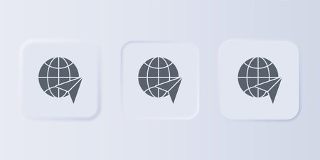 Gray Globe with flying plane icon isolated on gray background. Airplane fly around the planet earth. Aircraft world icon. Set icons in square buttons. Vector.のイラスト素材