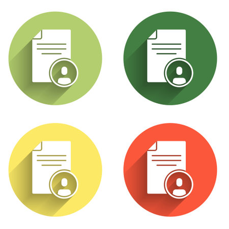Set Resume icon isolated with long shadow background. CV application. Searching professional staff. Analyzing personnel resume. Color circle button. Vector.のイラスト素材