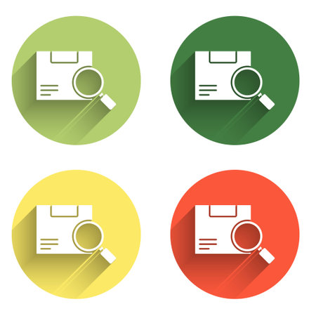 Set Search package icon isolated with long shadow background. Parcel tracking. Magnifying glass and cardboard box. Logistics and delivery. Color circle button. Vector.のイラスト素材