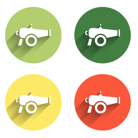 Set Cannon icon isolated with long shadow background. Color circle button. Vector.のイラスト素材