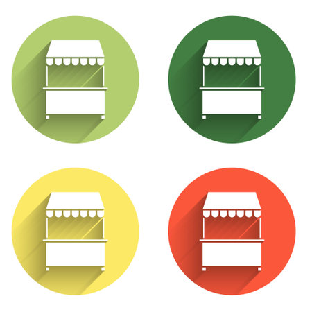 Set Street stall with awning and wooden rack icon isolated with long shadow background. Kiosk with wooden rack. Color circle button. Vector.のイラスト素材