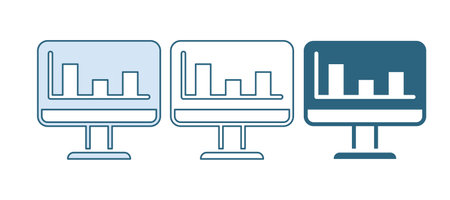 Blue Computer monitor with graph chart icon isolated on white background. Report text file. Accounting sign. Audit, analysis, planning. Vector.のイラスト素材