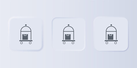 Gray Hotel luggage cart with suitcase icon isolated on gray background. Traveling baggage sign. Travel luggage icon. Set icons in square buttons. Vector.のイラスト素材