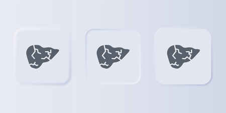 Gray Hepatitis virus on the human liver icon isolated on gray background. World Hepatitis Day. Set icons in square buttons. Vector.のイラスト素材