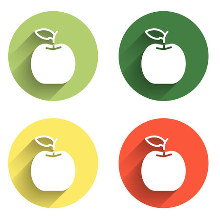 Set Apple icon isolated with long shadow background. Fruit with leaf symbol. Color circle button. Vector.のイラスト素材