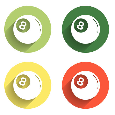 Set Billiard pool snooker ball with number 8 icon isolated with long shadow background. Color circle button. Vector.のイラスト素材