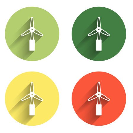 Set Wind turbine icon isolated with long shadow background. Wind generator sign. Windmill for electric power production. Color circle button. Vector.のイラスト素材