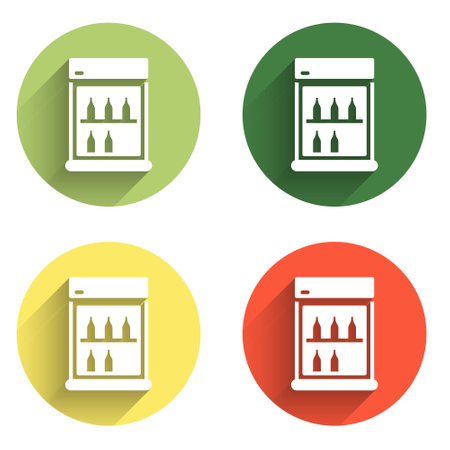 Set Commercial refrigerator to store drinks icon isolated with long shadow background. Perishables for store or supermarket. Color circle button. Vector.のイラスト素材