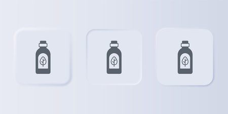 Gray Essential oil bottle icon isolated on gray background. Organic aromatherapy essence. Skin care serum glass drop package. Set icons in square buttons. Vector.のイラスト素材