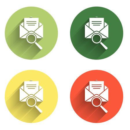 Set Envelope mail with magnifying glass icon isolated with long shadow background. Color circle button. Vector.のイラスト素材