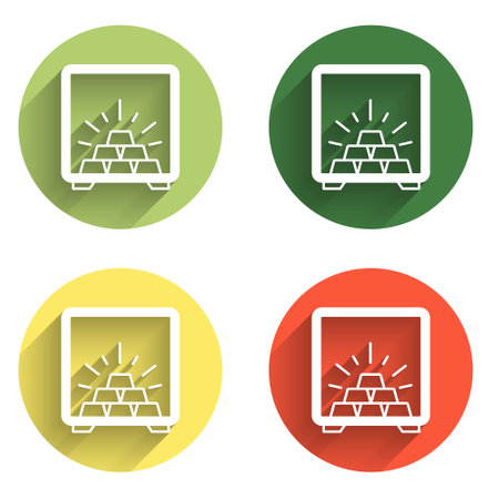 Set Safe with gold bars icon isolated with long shadow background. Precious metals on deposit in bank. Metallic treasure. Reliable data protection. Color circle button. Vector.のイラスト素材