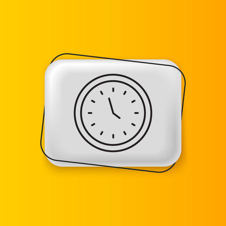 Black Clock icon isolated on yellow background. Time symbol. Silver rectangle button. Vector.