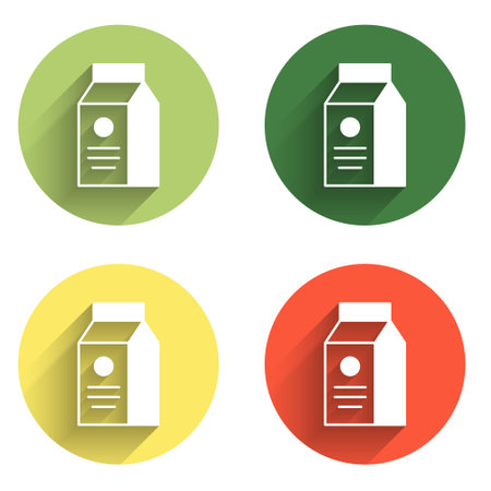 Set Paper package for milk icon isolated with long shadow background. Milk packet sign. Color circle button. Vector.のイラスト素材