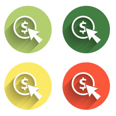 Set Cursor and coin icon isolated with long shadow background. Dollar or USD symbol. Cash Banking currency sign. Color circle button. Vector.のイラスト素材