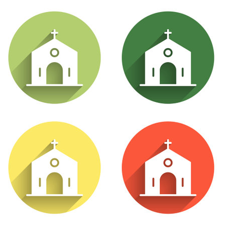 Set Church building icon isolated with long shadow background. Christian Church. Religion of church. Color circle button. Vector.のイラスト素材