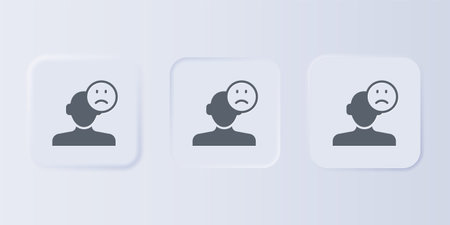 Gray Sad and depressed man, bad mood icon isolated on gray background. Set icons in square buttons. Vector.のイラスト素材