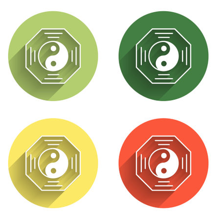 Set Yin Yang symbol of harmony and balance icon isolated with long shadow background. Color circle button. Vector.のイラスト素材