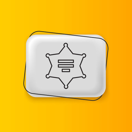 Black Hexagram sheriff icon isolated on yellow background. Police badge icon. Silver rectangle button. Vector.のイラスト素材