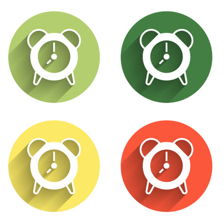 Set Alarm clock icon isolated with long shadow background. Wake up, get up concept. Time sign. Color circle button. Vector.のイラスト素材