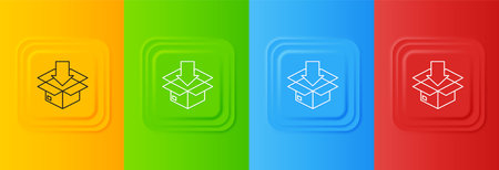 White Cardboard box with traffic symbol icon isolated on colorful background. Box, package, parcel. Delivery, transportation and shipping. Set icons in square buttons. Vector.のイラスト素材