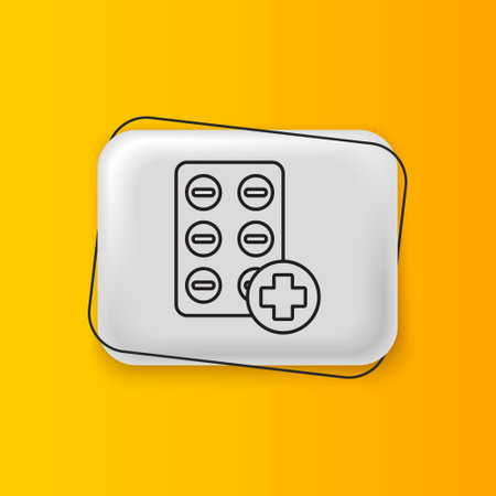 Black Pills in blister pack icon isolated on yellow background. Medical drug package for tablet, vitamin, antibiotic, aspirin. Silver rectangle button. Vector.のイラスト素材