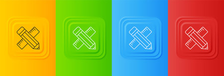 White Crossed ruler and pencil icon isolated on colorful background. Straightedge symbol. Drawing and educational tools. Set icons in square buttons. Vector.のイラスト素材