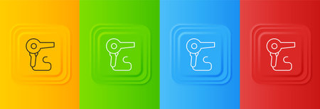 White Hair dryer icon isolated on colorful background. Hairdryer sign. Hair drying symbol. Blowing hot air. Set icons in square buttons. Vector.のイラスト素材
