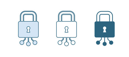 Blue Cyber security icon isolated on white background. Closed padlock on digital circuit board. Safety concept. Digital data protection. Vector.のイラスト素材