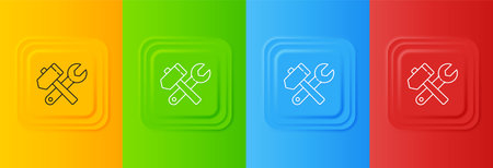White Crossed hammer and wrench spanner icon isolated on colorful background. Hardware tools. Set icons in square buttons. Vector.のイラスト素材