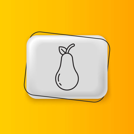 Black Pear icon isolated on yellow background. Fruit with leaf symbol. Silver rectangle button. Vector.のイラスト素材