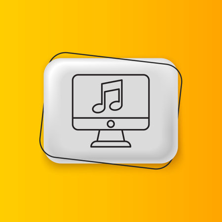 Black Computer with music note symbol on screen icon isolated on yellow background. Silver rectangle button. Vector.のイラスト素材