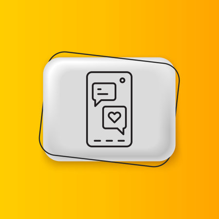 Black Smartphone with heart emoji speech bubble get message on screen icon isolated on yellow background. Valentines day. Silver rectangle button. Vector.のイラスト素材