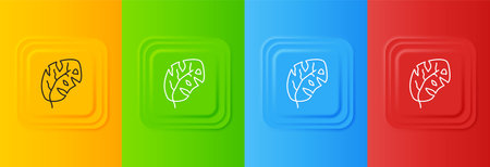 White Tropical leaves of palm tree icon isolated on colorful background. Set icons in square buttons. Vector.のイラスト素材