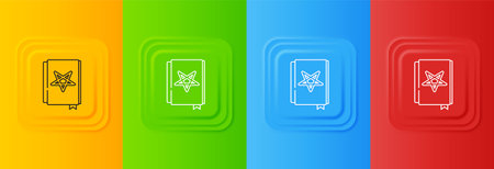 White Ancient magic book with alchemy recipes and mystic spells and enchantments icon isolated on colorful background. Set icons in square buttons. Vector.のイラスト素材