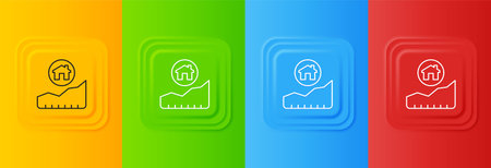 White Rising cost of housing icon isolated on colorful background. Rising price of real estate. Residential graph increases. Set icons in square buttons. Vector.