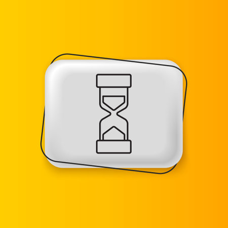 Black Old hourglass with flowing sand icon isolated on yellow background. Sand clock sign. Business and time management concept. Silver rectangle button. Vector.のイラスト素材