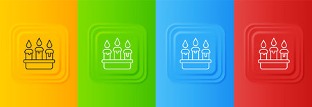 White Burning candle in candlestick icon isolated on colorful background. Cylindrical candle stick with burning flame. Set icons in square buttons. Vector.のイラスト素材