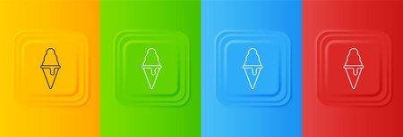 White Ice cream in waffle cone icon isolated on colorful background. Sweet symbol. Set icons in square buttons. Vector.のイラスト素材