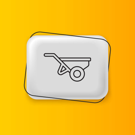 Black Wheelbarrow with dirt icon isolated on yellow background. Tool equipment. Agriculture cart wheel farm. Silver rectangle button. Vector.のイラスト素材