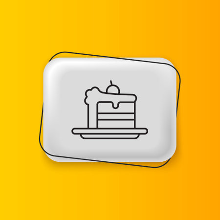 Black Cake icon isolated on yellow background. Happy Birthday. Silver rectangle button. Vector.のイラスト素材