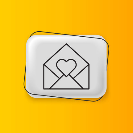 Black Envelope with Valentine heart icon isolated on yellow background. Message love. Letter love and romance. Silver rectangle button. Vector.のイラスト素材