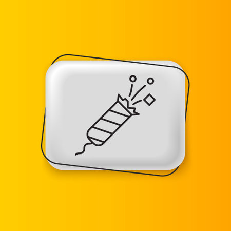 Black Firework rocket icon isolated on yellow background. Concept of fun party. Explosive pyrotechnic symbol. Silver rectangle button. Vector.のイラスト素材