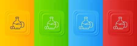 White Bottle of olive oil icon isolated on colorful background. Jug with olive oil icon. Set icons in square buttons. Vector.のイラスト素材