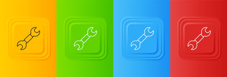 White Wrench spanner icon isolated on colorful background. Spanner repair tool. Service tool symbol. Set icons in square buttons. Vector.のイラスト素材