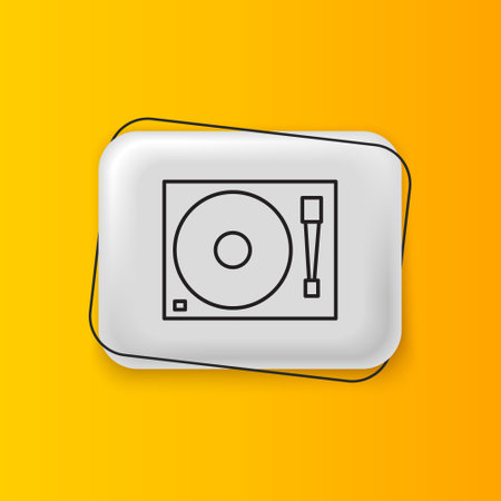 Black Vinyl player with a vinyl disk icon isolated on yellow background. Silver rectangle button. Vector.のイラスト素材