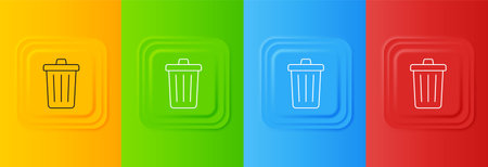 White Trash can icon isolated on colorful background. Garbage bin sign. Recycle basket icon. Office trash icon. Set icons in square buttons. Vector.のイラスト素材