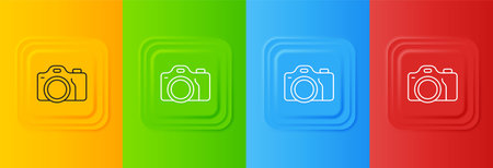 White Photo camera icon isolated on colorful background. Foto camera. Digital photography. Set icons in square buttons. Vector.のイラスト素材
