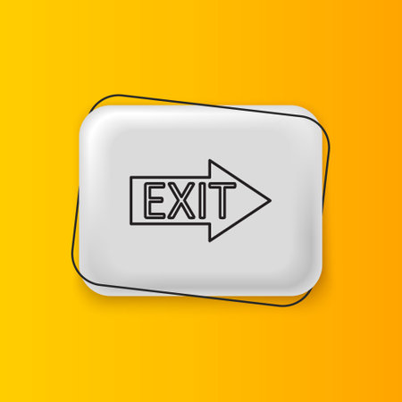 Black Fire exit icon isolated on yellow background. Fire emergency icon. Silver rectangle button. Vector.のイラスト素材